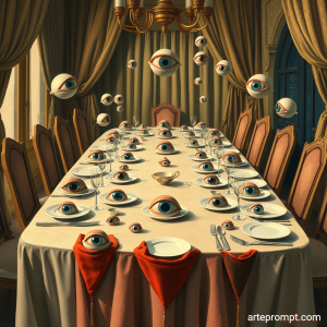 Surreal banquet table with eyes on plates, tablecloth, and floating utensils, featuring miniature heads peeking out.