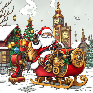 Steampunk Christmas coloring book page featuring a brass-gear adorned tree, mechanical ornaments, and Victorian-style characters.